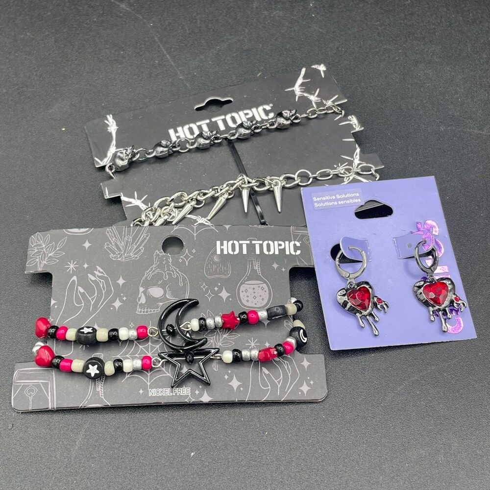 Hot Topic Gothic Alternative Jewelry Lot Bracelets & Red Heart Drip Earrings
